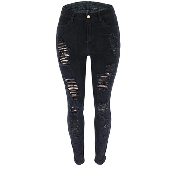 Whigh-waisted black  ripped skinny denim pant - Picture 2 of 16